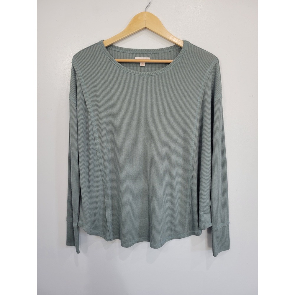 Knox Rose Sage Green Ribbed Knit Long Sleeve Crew Neck Top Womens Medium Relaxed